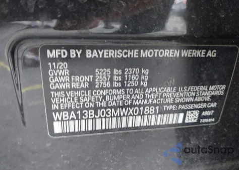 2021 BMW 530I xDrive z USA, uszkodzony, nr VIN WBA13BJ03MWX01881